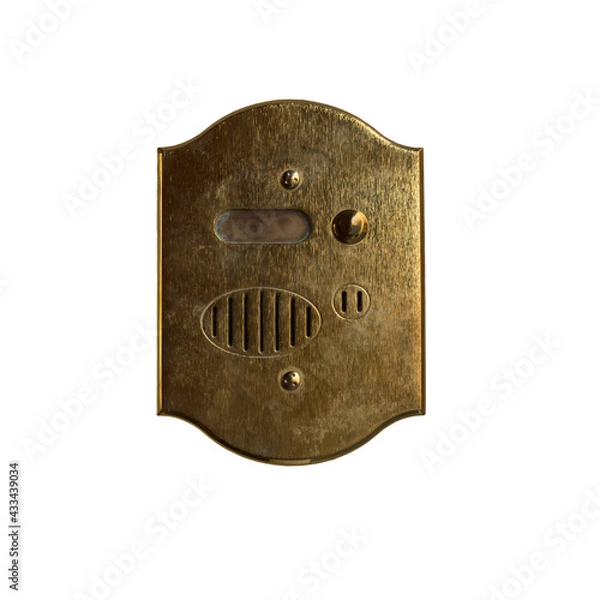 Fototapeta Old metal intercom cut out on white background. Isolated vintage object.
