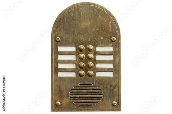 Fototapeta Old metal intercom cut out on white background. Isolated vintage object.