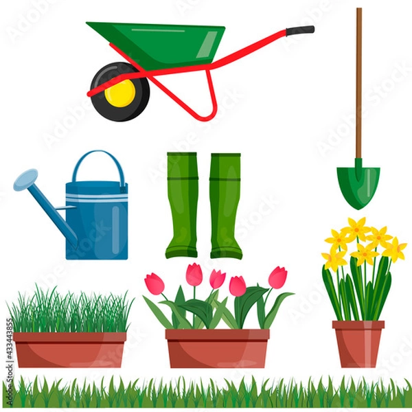 Fototapeta Set  of garden tools. Vector illustration of gardening elements.  Shovel and garden boots, watering can, wheelbarrow on the background. Flowers in pots, tulips, daffodils, green grass.