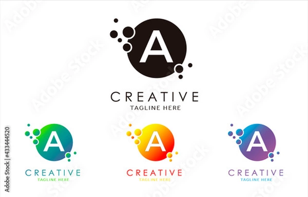 Fototapeta A Dots Letter Logo set in Beautiful Gradient Color. A bubble letter in black, purple, yellow and green gradient vector illustration.
