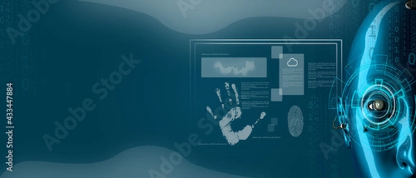 Fototapeta Robotic human head, cyborg with graphic elements face on dark blue technology background. Artificial intelligence and machine learning concept. 3D rendering