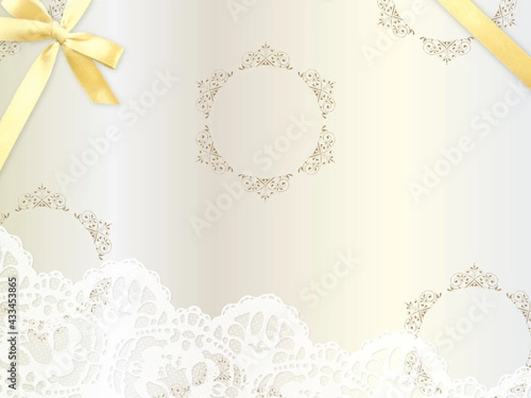 Fototapeta レースとリボンのエレガントなカード背景素材、ホワイトゴールド