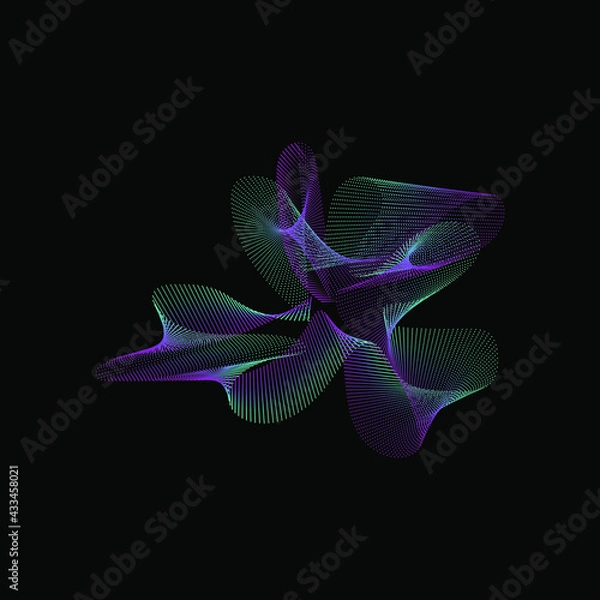 Fototapeta Graphic drawing, design, wave of colored dots and lines. Modern. On a black background.