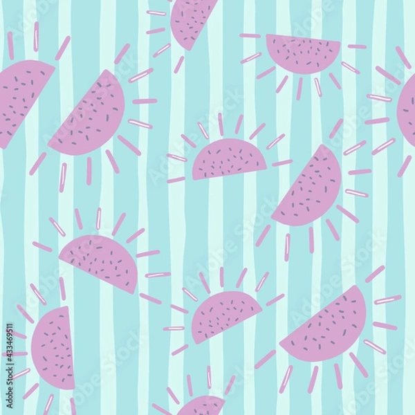 Fototapeta Funny seamless pattern with childish purple random sun ornament. Blue striped background. Doodle print.