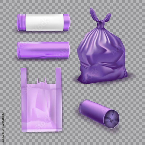 Fototapeta Purple plastic bags for garbage set. Package for trash and rubbish with handle vector illustration. Container and roll on transparent background. Supermarket disposable pack