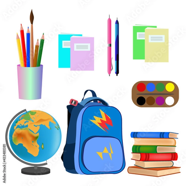 Obraz School set. Globe, stack of books, bag, notebooks, pencils, pens, brush, paints. Isolated over white background. 