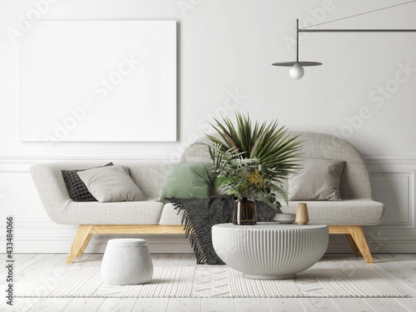 Fototapeta Empty white canvas on the gray wall, living room concept with home decoration, 3d render, 3d illustration.