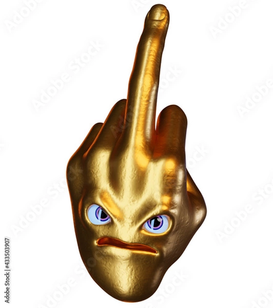 Obraz Hand showing middle finger emoji face golden funny. Fuck you stylized cartoon character. Aggressive metaphor emoticon concept. 3d illustration