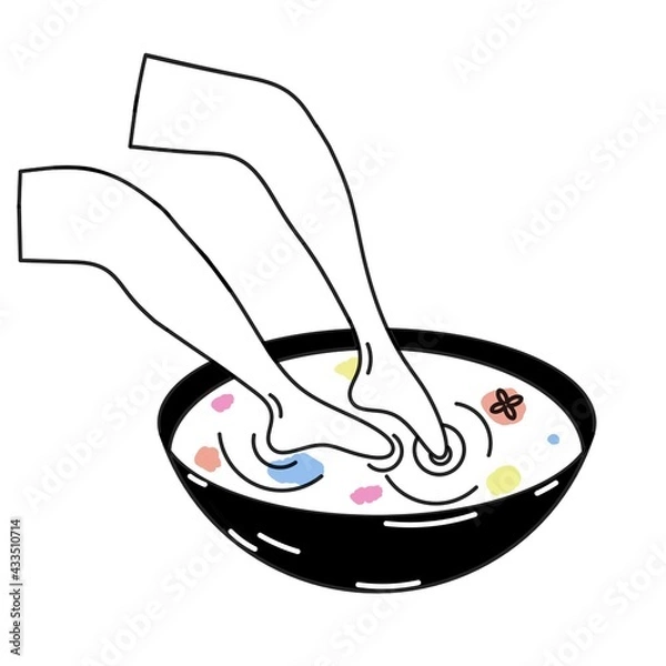 Obraz Bath filled with soapy liquid and flowers floating in the water, foot submerged inside, presentation for detoxifying foot bath icon. Relaxation for the feet, spa at home.