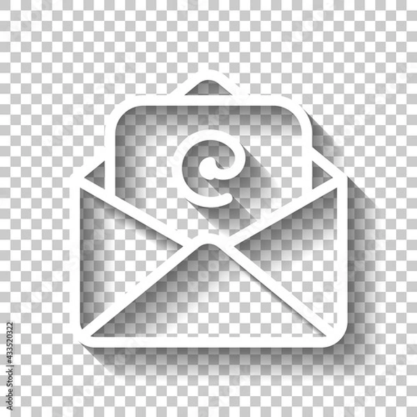 Fototapeta Email symbol, open letter, simple icon. White linear icon with editable stroke and shadow on transparent background