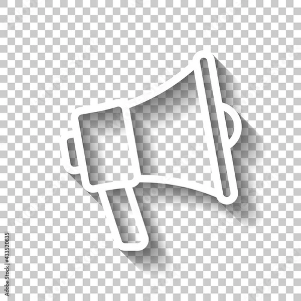 Fototapeta Simple megaphone icon, promotion, loud voice. White linear icon with editable stroke and shadow on transparent background