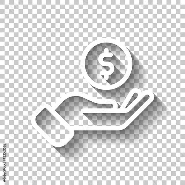 Fototapeta Hand and money, giving a cash, simple icon. White linear icon with editable stroke and shadow on transparent background