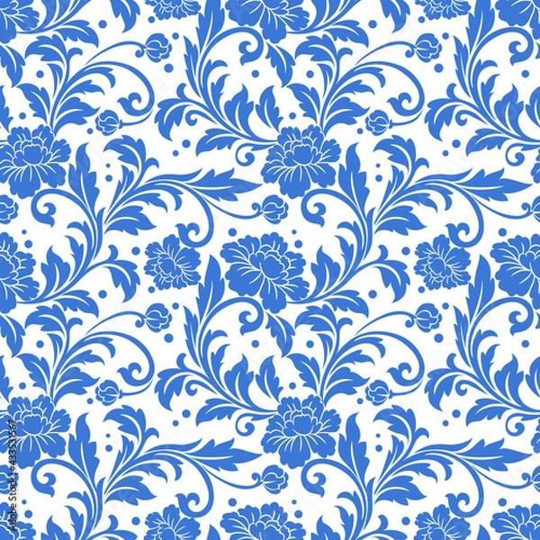 Fototapeta Blue monochrome  flower ornament seamless pattern.