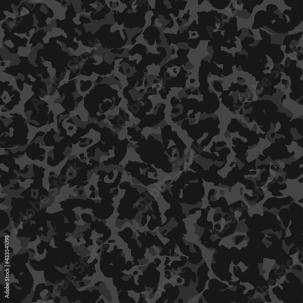 Fototapeta Camouflage pattern background, seamless vector illustration. Classic clothing style masking dark camo, repeat print. Grey and black texture