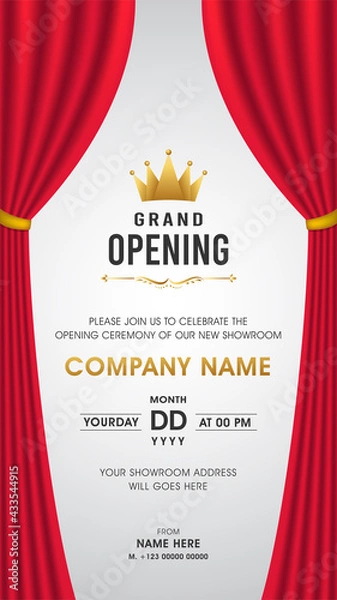 Fototapeta Grand opening Vertical Invitation Card on Grey background with Red Curtain and golden Crown