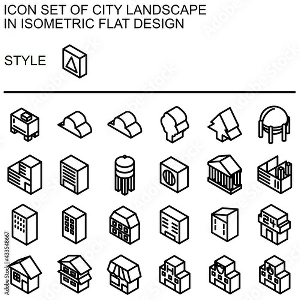Obraz City landscape icon set in isometric flat design with black lines, white fills.