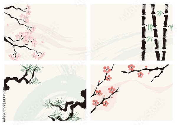 Fototapeta 和風 松 竹 梅 桜 かわいい 墨 背景装飾 イラスト 素材セット