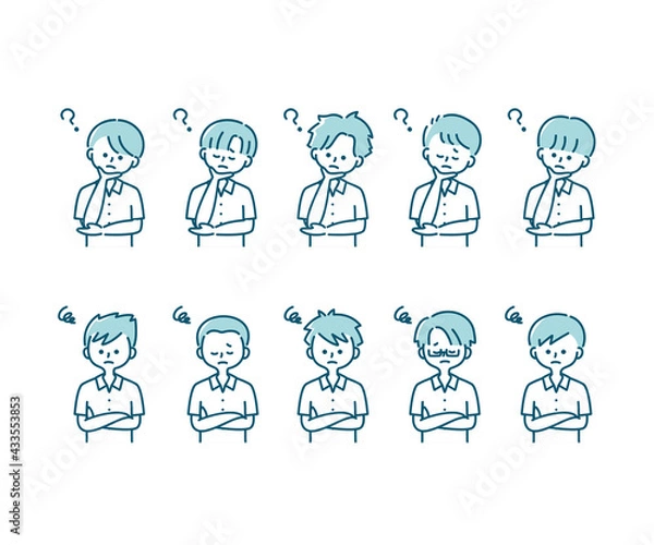 Fototapeta 夏の制服を着た様々な男子学生の感情表現イラスト（上半身）