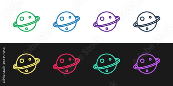 Fototapeta Set line Planet Saturn with planetary ring system icon isolated on black and white background. Vector