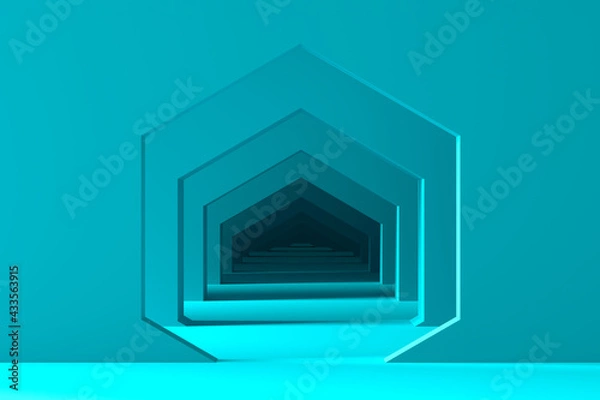 Fototapeta Minimal pastel abstract background and mock up for the presentation and exhibitions of products. Hexagonal hexagonal arches in the blue walls in perspective and a light and shadow. 3d illustration