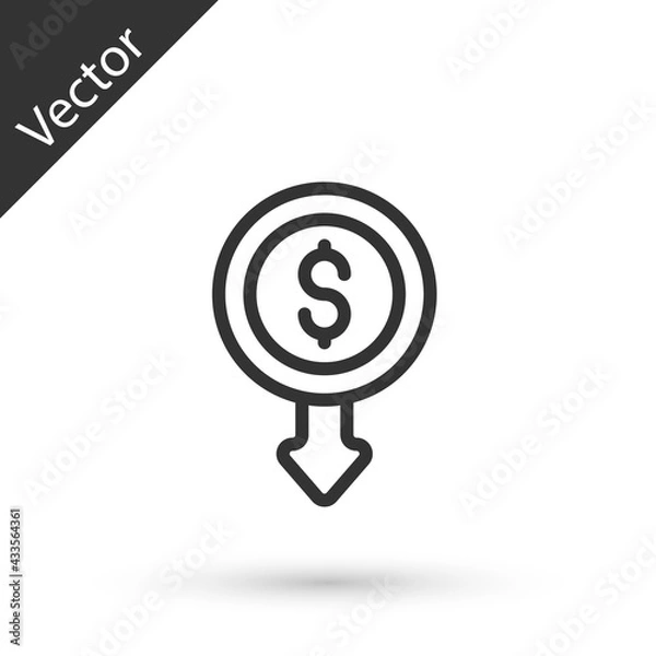 Fototapeta Grey line Dollar rate decrease icon isolated on white background. Cost reduction. Money symbol with down arrow. Business lost crisis decrease. Vector