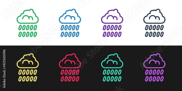 Fototapeta Set line Cloud with rain icon isolated on black and white background. Rain cloud precipitation with rain drops. Vector