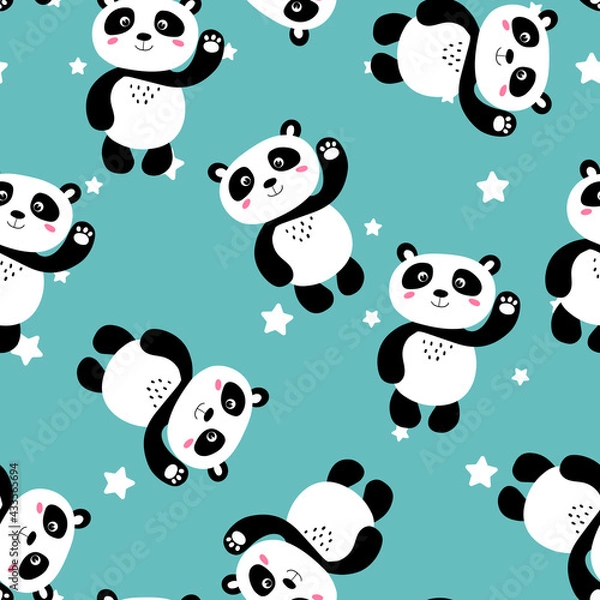 Obraz Seamless pattern with cute panda baby and stars on color background. Funny asian animals. Card, postcards for kids. Flat vector illustration for fabric, textile, wallpaper, gift wrapping paper
