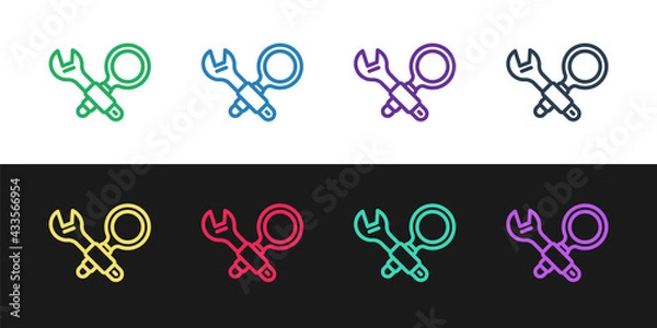 Fototapeta Set line Debugging icon isolated on black and white background. Debugging tool. Magnifying glass on bug programming. Testing and setting software. Vector