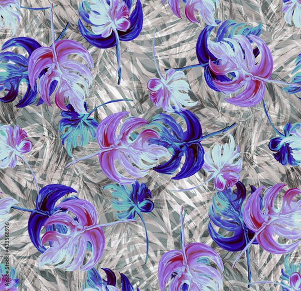 Obraz Seamless pattern with painted leaves of tropical plants. Grass and trees botanical style. Herbs in a trending background. Print for textiles and paper