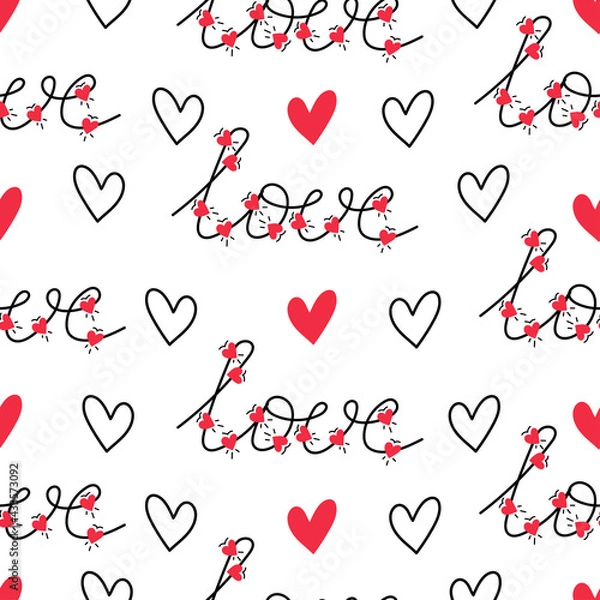 Obraz Bright Pink Colorful Valentine s Day Holiday Intertwined Heart Shape String Lights on White Background Vector Seamless Pattern. Cute Festive Love Background. Girly Print.