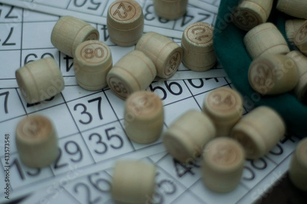 Fototapeta closeup of board game, lotto`s kegs and cards close up