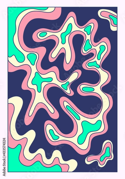 Fototapeta vintage vector interior poster in hippie style.70s and 60s funky and groove postcard.Psychedelic pattern with waves shapes.Abstract shapes for wallpaper and background.acid stains.print for postcards
