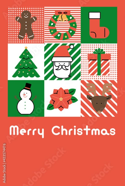 Obraz クリスマスカード　テンプレート（フラットアイコン　デザイン）／赤背景