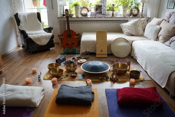 Fototapeta Sound healing set up with yoga mats and many instruments like RAV drum, monochord, guitar, tibetan singing bowls, cymbals, monochord, sansula.