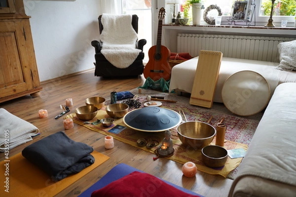 Fototapeta Sound healing set up with yoga mats and many instruments like RAV drum, monochord, guitar, tibetan singing bowls, cymbals, monochord, sansula.