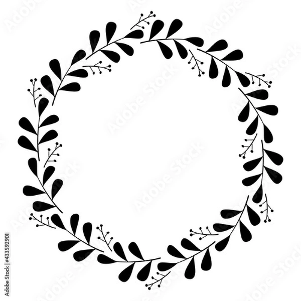 Obraz A wreath of branches, leaves, berries. Elegant festive border. Floral frame. Black vector drawing on a white background. Plant silhouette. Design template for logo, tag, Christmas decoration.