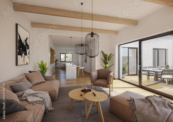 Fototapeta Interior of house apartment with open roof stucture. Comfortable living room with open space, 3D rendering