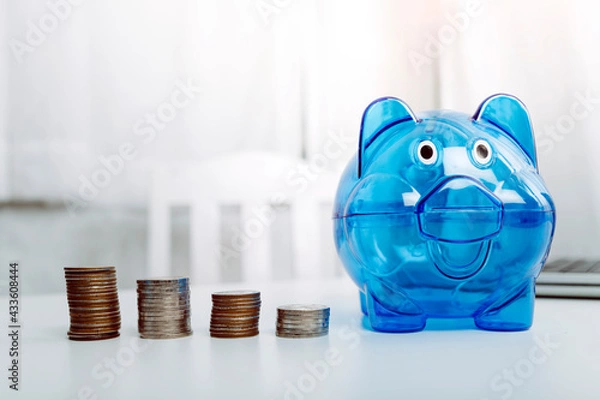Fototapeta save money investment and business finance , Money coin stack growing graph with piggy bank saving concept. Balance savings and investment.