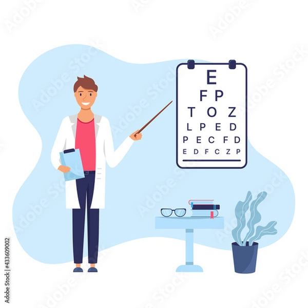Fototapeta Ophthalmologist are checking eye sight. 
Eyesight diagnostics. Doctor make eyes test in hospital. Vector isolated illustration. 