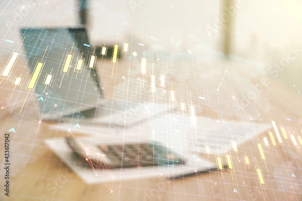 Fototapeta Multi exposure of abstract financial diagram and world map on calculator and pc background, banking and accounting concept