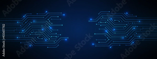 Fototapeta Abstract Technology Background, blue circuit board pattern with electric light, microchip, power line, blank space