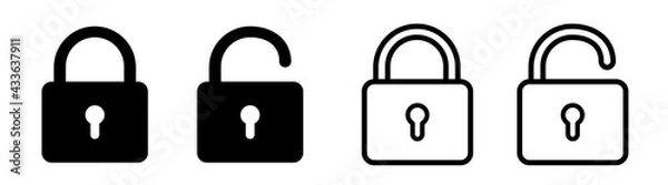 Obraz Lock icon collection. Locked and unlocked black line icon set. Flat security symbol. Vector illustration.