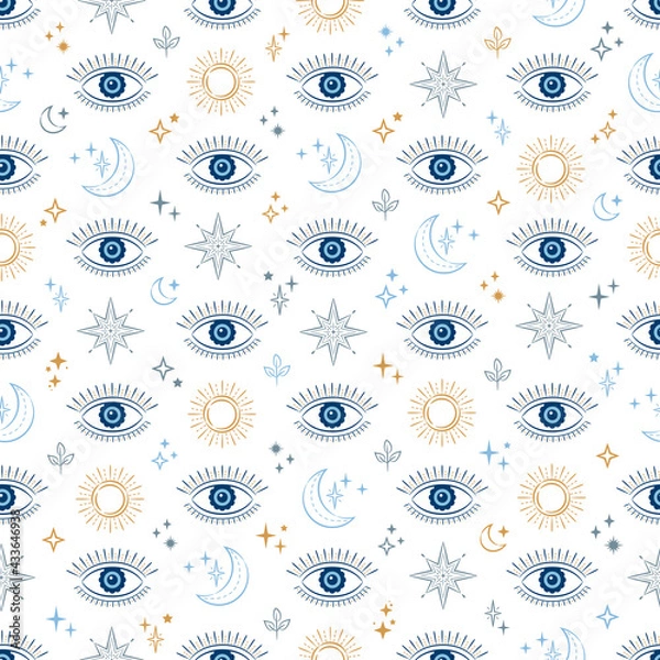 Obraz Evil eye vector seamless pattern. Magic, witchcraft, occult symbol, line art collection. Hamsa eye, magical eye, decor element. Blue, white, golden eyes. Fabric, textile, giftware, wallpaper.