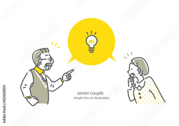 Fototapeta シニア夫婦のシンプルでお洒落な線画イラスト　吹き出し　フレーム風