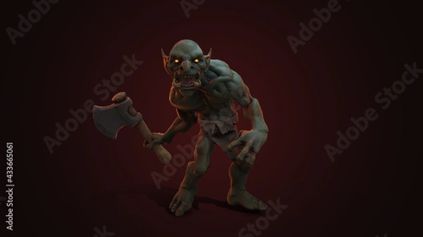 Fototapeta Fantasy character Troll Berserker in epic pose - 3D render on dark background