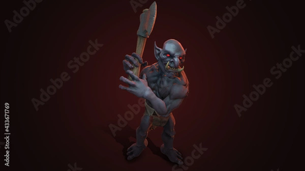 Fototapeta Fantasy character Troll Berserker in epic pose - 3D render on dark background
