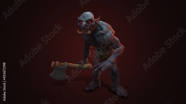 Fototapeta Fantasy character Troll Berserker in epic pose - 3D render on dark background
