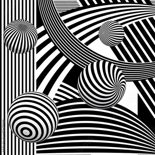 Fototapeta Abstract background with striped spheres in black and white. Optical illusion.