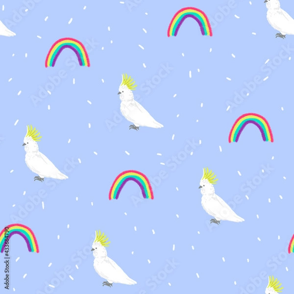 Fototapeta pattern with a parrot and a rainbow for children on a pink background