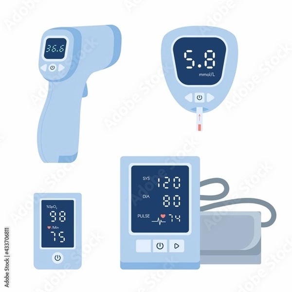 Obraz Medical device icon set. Tonometer, glucometer blood glucose meter, pulse oximeter, thermometer. Vector illustration collection isolated white background. Health care equipment